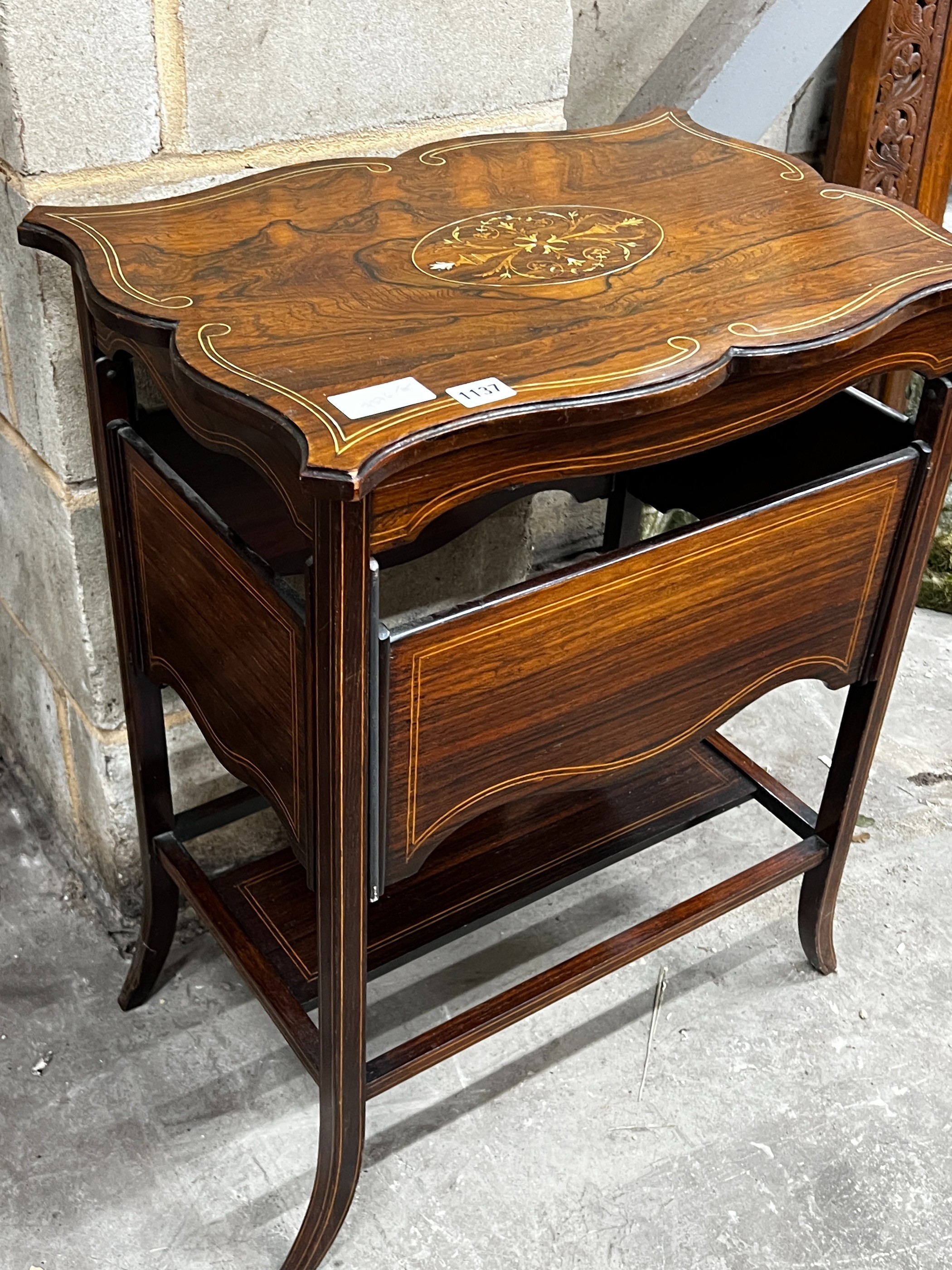 A late Victorian inlaid rosewood drop flap occasional table, width 55cm, depth 39cm, height 71cm